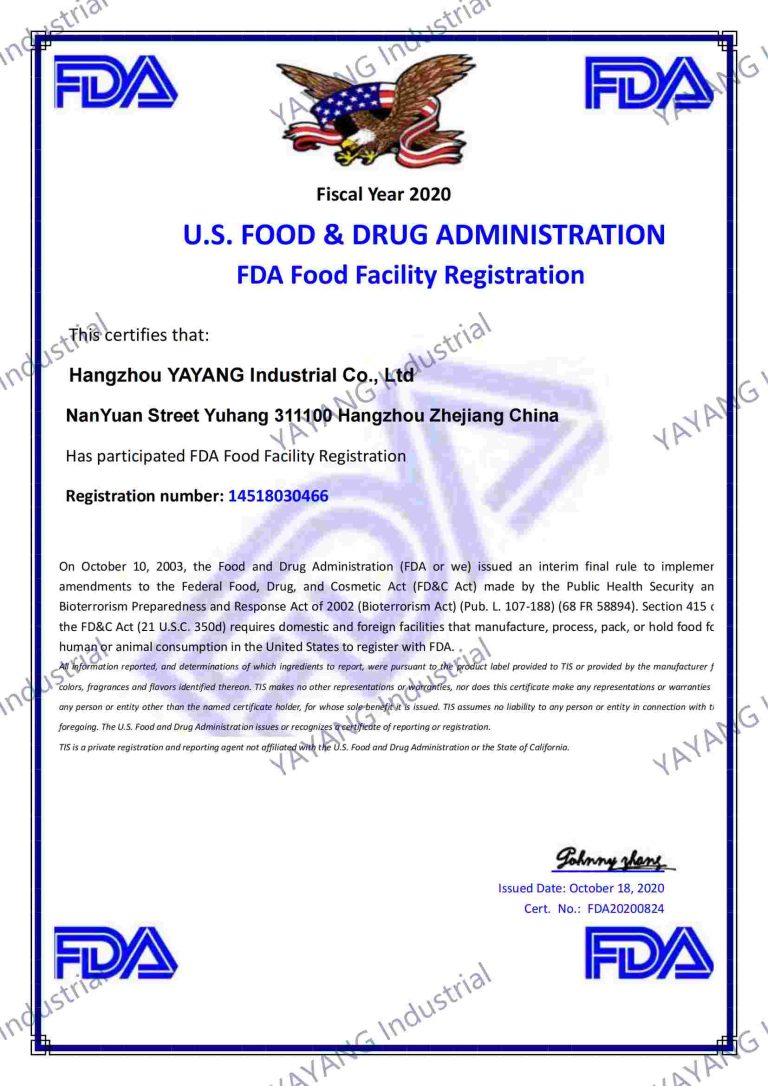 FDA Food Registration Certificate